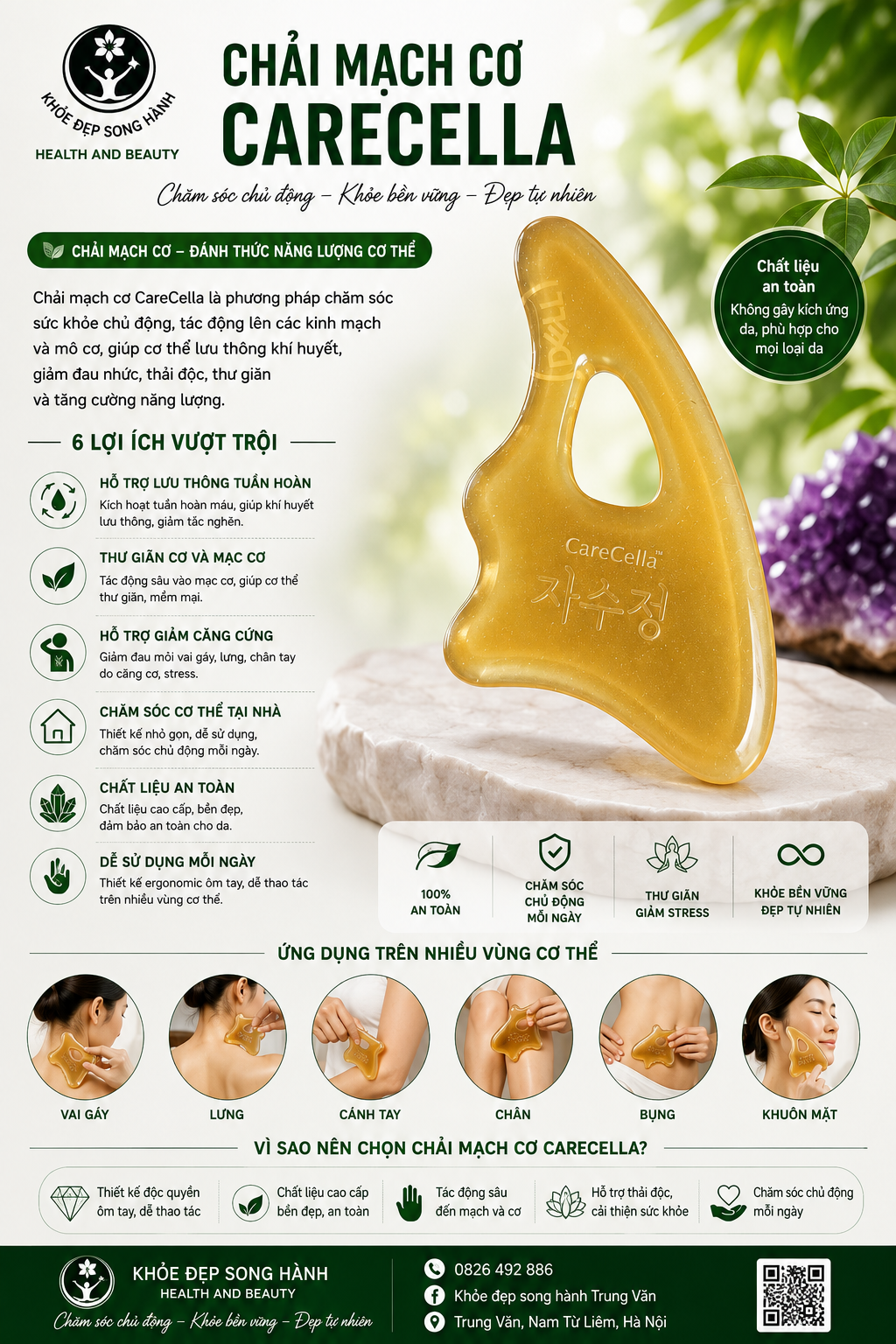Chải Mạch Cơ CareCella - công dụng, cấu tạo, 6 lợi ích, các vùng dùng được